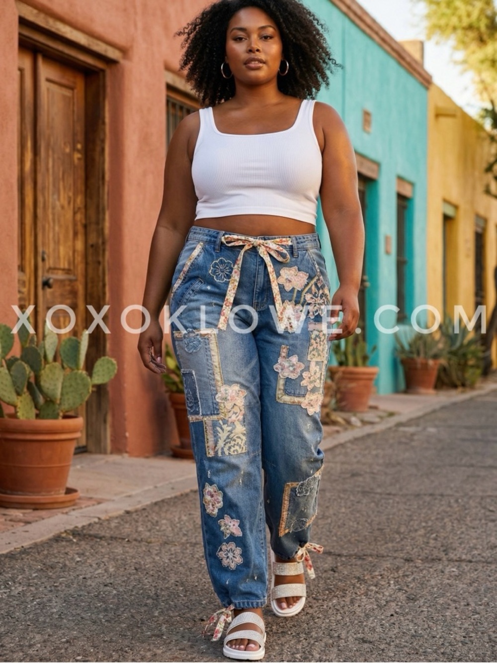 Oli & Hali Patchwork Floral Convertible Jogger Jeans | Straight Leg Denim Pants - Picture 7 of 9